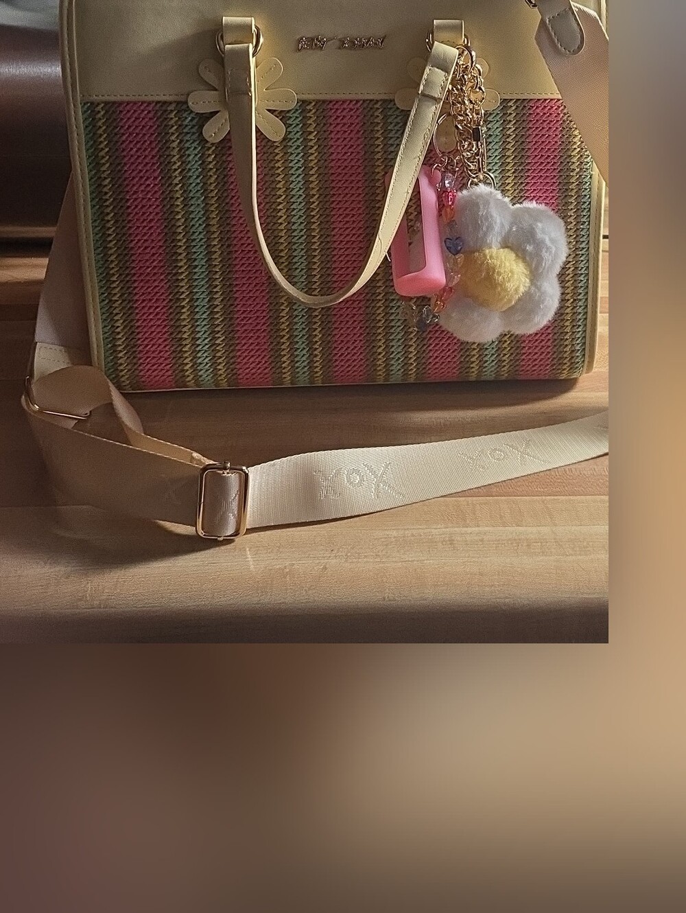 Woven Multicolor Shoulder Bag with Floral Charm
